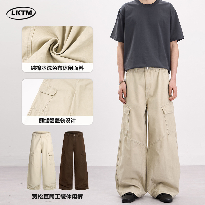 LKTM男装 美式复古侧边大口袋设计工装裤男女宽松慵懒休闲直筒裤