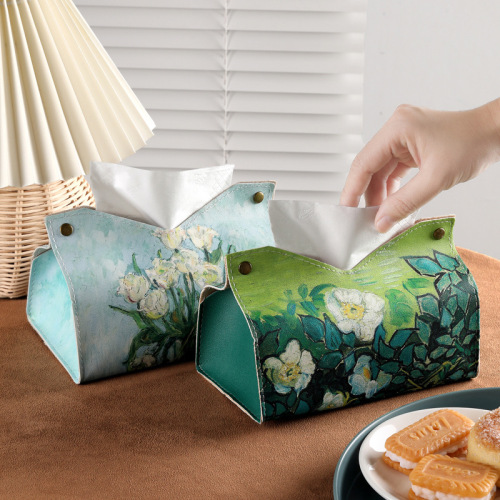 White rose under the moon oil painting tissue box light luxury style living room home desktop paper box high-end car paper box