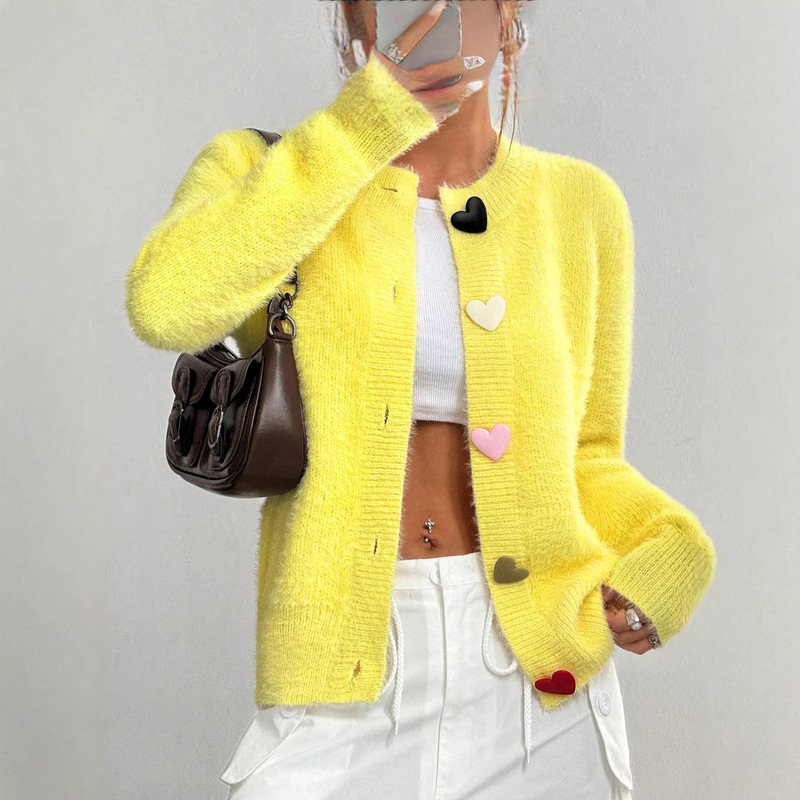Foreign Trade Russian Sweater Casual Cute Creamy Yellow Heart Button Plush Cardigan Imitation Mink Knitted Sweater Coat Foreign Trade Russian Sweater Casual Cute Creamy Yellow Heart Button Plush Cardigan Imitation Mink Knitted Sweater Coat