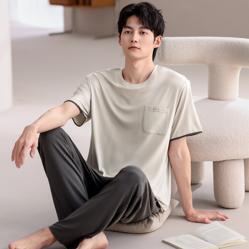 モーダルパジャマ男性夏の薄い氷糸半袖ズボン2点セットの大きいサイズの丸首カバーの家庭服