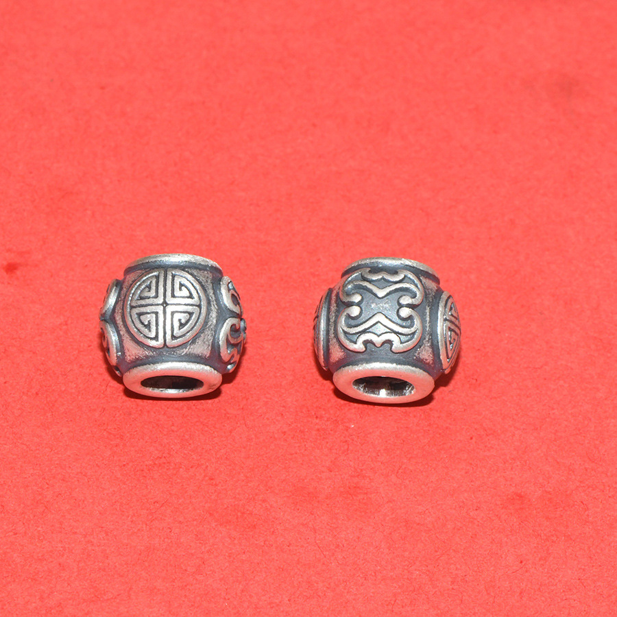 S99 Pure Silver Concave-Convex Spacer Beads with Six-Word Mantra, Loose Beads for DIY Handmade Beading, Stringing, and Barrel Bead Accessories