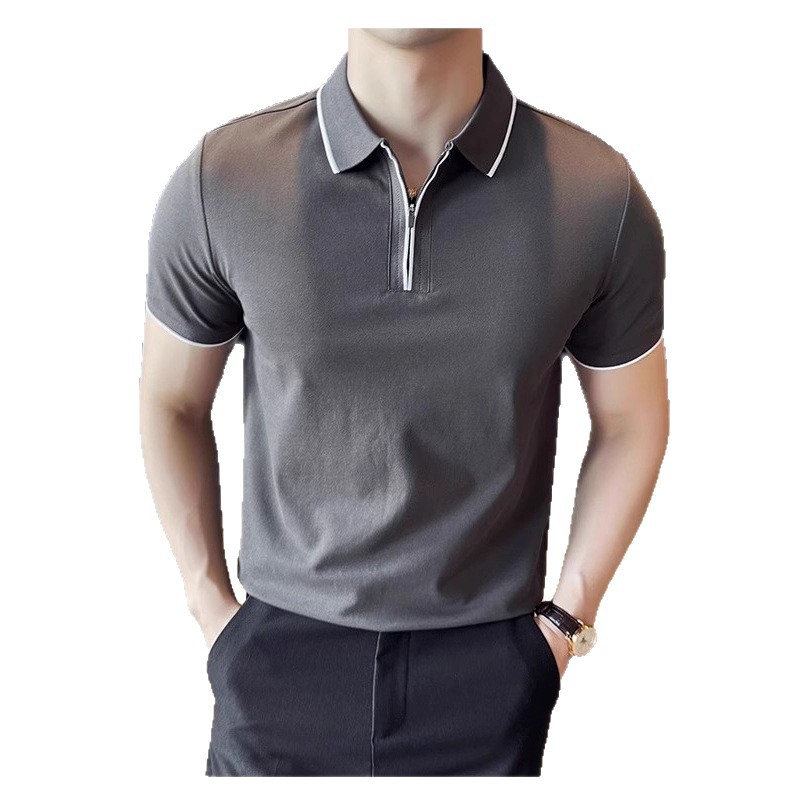 "Men's Slim-Fit Zip Polo Shirt – Breathable Cotton Short Sleeve With Embroidered Detail, Business Casual Summer Top (3 Colors, Sizes M-XXXXL)"_viptrois.com