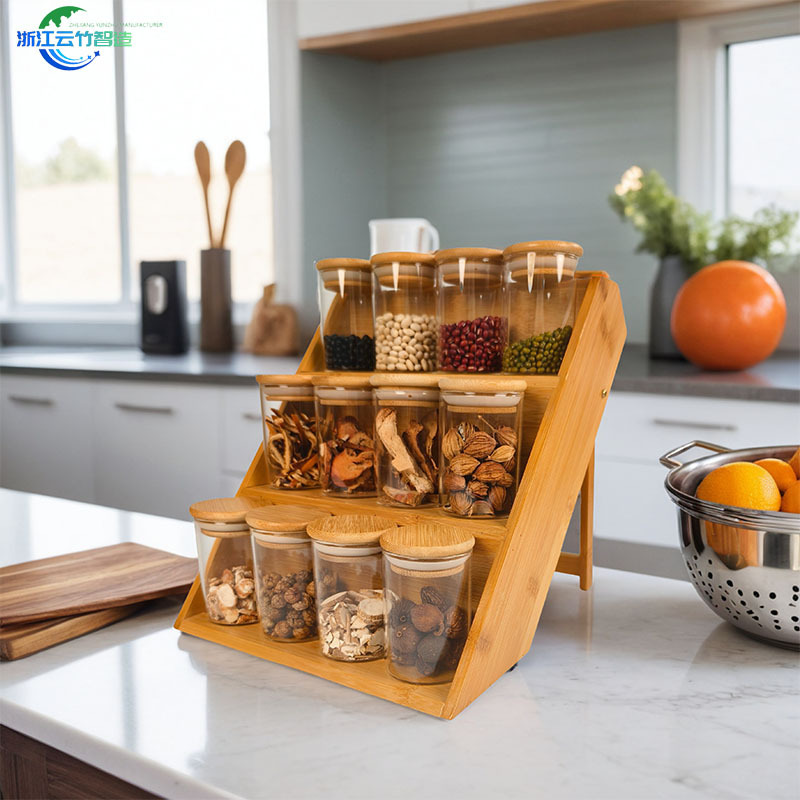 Rack de condimento de bambú y madera, estante de almacenamiento de cocina de tres pisos, estante de exhibición de condimentos personalizados, estante de exhibición transfronterizo