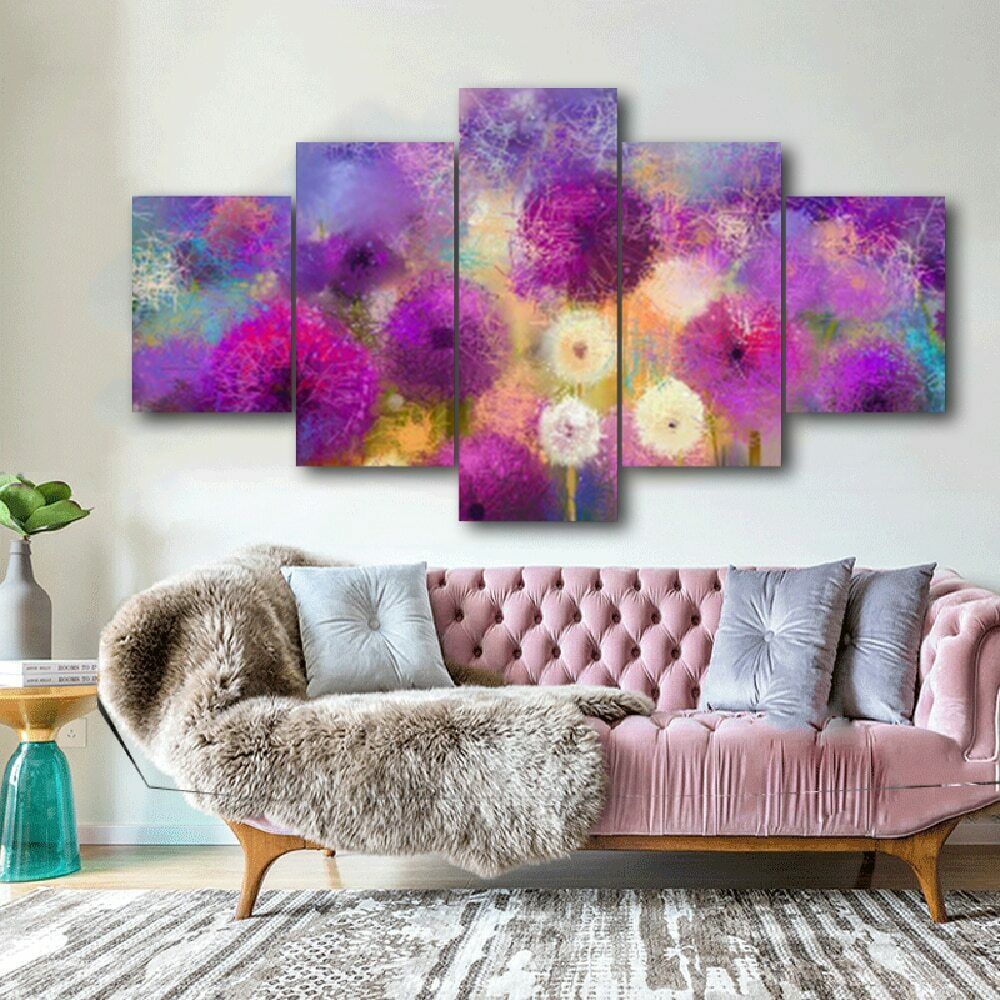 现代简约五联紫色蒲公英喷绘画创意沙发背景墙装饰油画跨境货源