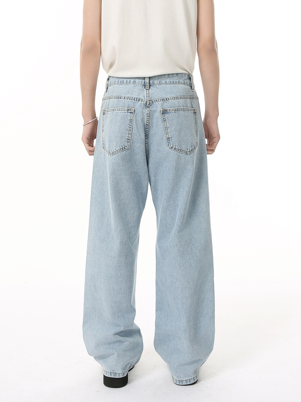 MTLCLOTHES Ropa de hombre | Versión coreana de cuatro estaciones de deconstrucción de línea abierta azul claro Pantalones vaqueros sueltos lavados rectos de moda