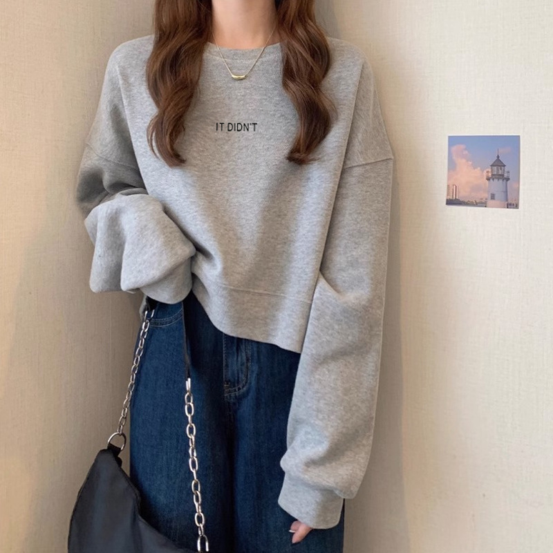 圆领套头短款卫衣女加绒加厚秋冬上衣宽松高腰显瘦小个子春秋薄款|undefined
