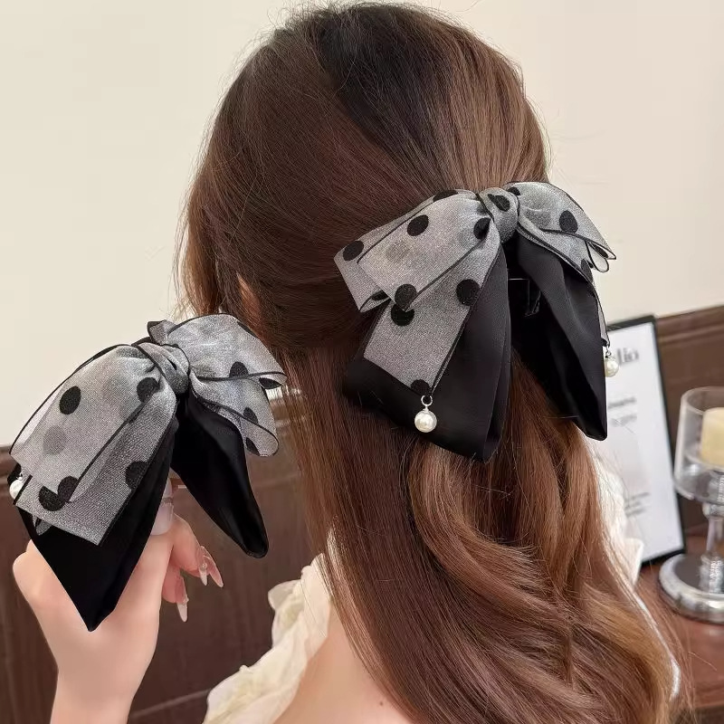 Korean Style Satin Chiffon Polka Dot Bow Clip Retro Pearl Pendant Elegant Shark Clip Hairpin for Women on the Back of the Head