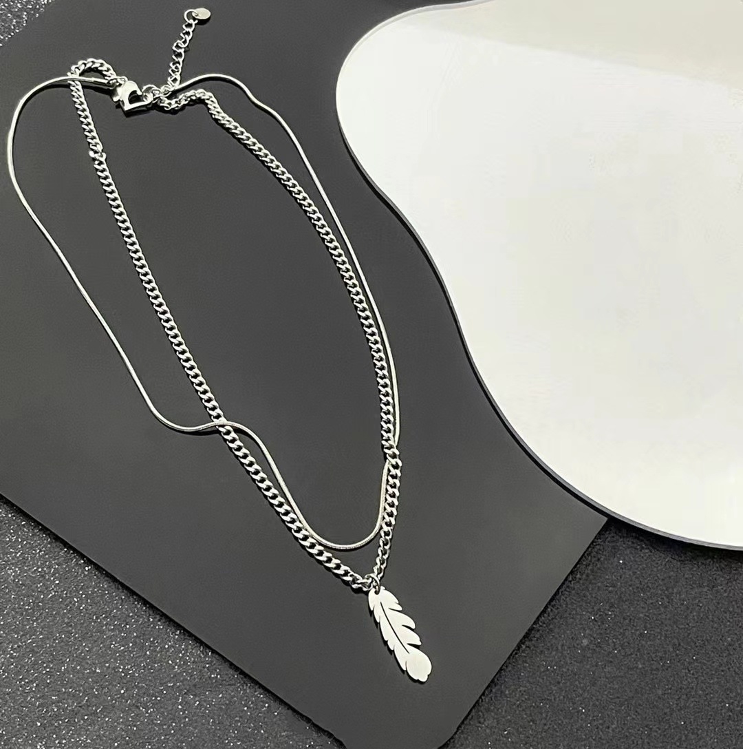 Double Layer Necklaces Classification Titanium Steel Chain Material Wholesale Jewelry IG Style Hip-Hop Feather Titanium Steel Polishing Double Layer Necklaces Cuban Link Chain Curb Chain Snake Chain