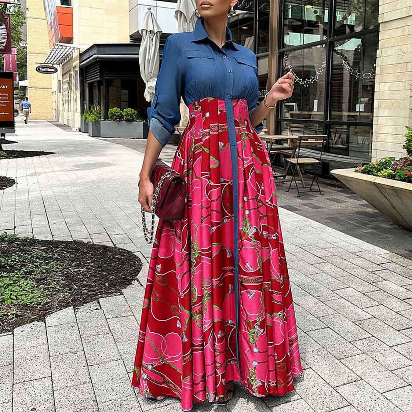 Abito da sera lungo da donna con stampa e dettagli in denim_voghion.com