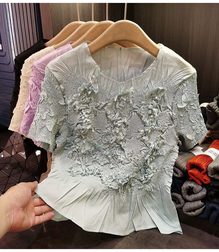 Áo thun cổ tròn xếp ly thủ công tay ngắn ôm sát đa năng màu trơn mùa hè — Màu xanh, Màu đen, Màu tím hồng, Màu hồng chi tiết 1