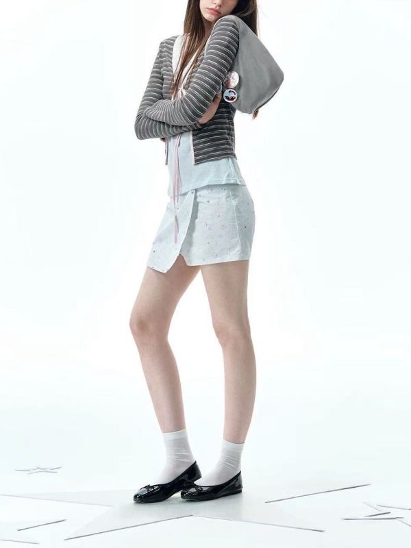 NECY 复古撞色条纹短开衫女 系带设计修身显瘦长袖上衣少女感外套|undefined