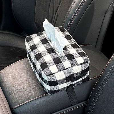 Creative Car Tissue Box, High-End Fabric Car Armrest Box, Paper Box, Multi-Functional Car Seat Tissue Cover (Car tissue box/set) - wool-plaid-tissue-box-black