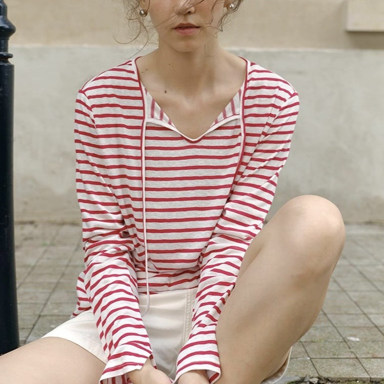 Red and White Striped Front and Back Lace-Up Knitted Long-Sleeved Bottoming Top Casual Slimming Look T-Shirt Summer