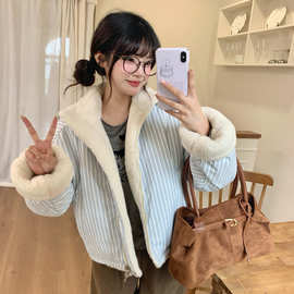韩系两面穿羊羔毛棉服外套女2025新款冬季棉袄宽松加厚学院风棉衣