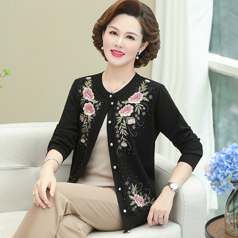 Весенний вязаный кардиган для бабушки, женская верхняя одежда, средний и пожилой возраст, мама, топ, пожилая дама, 60 лет, 80, короткое пальто с вышивкой