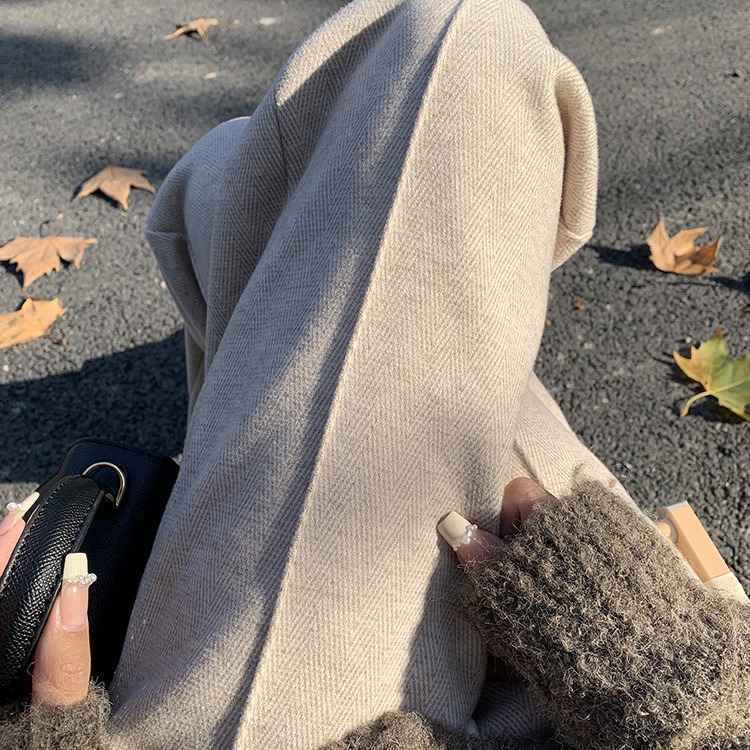 Women's High-Waisted Wool Trousers With Fleece Lining - Straight Leg Herringbone Wide-Leg Pants For Winter (Beige, Charcoal)_voghion.com