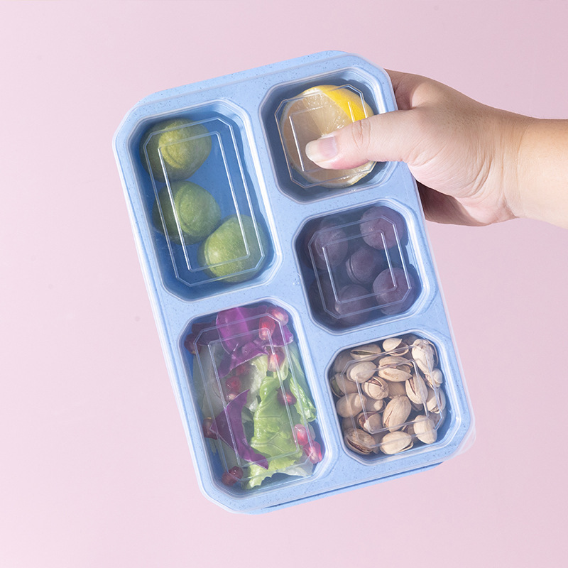 厚みのある破片ポータブルスナックフルーツ5コンパートメント食品収納ボックス冷蔵庫鮮度保持収納小麦ランチボックスシール|undefined