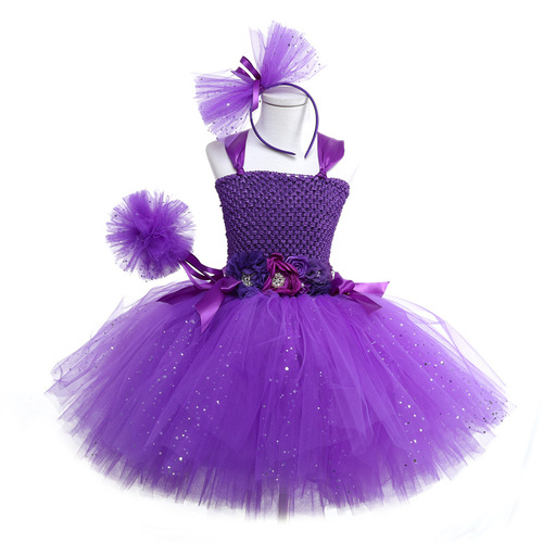2024 Stylish Children's Pom Pom Dress Princess Nylon Purple Girls Western Handmade Tutu Dress for Girls' Birthday