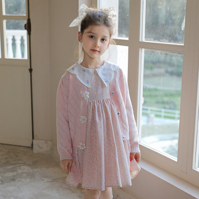 2022 spring clothes new pattern Children's clothing sweater knitting Cardigan Wild section girl Chiffon Broken flowers Dress Two suit