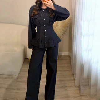 亚马逊跨境外贸2026秋新款跨境欧美圆领纽扣长袖西服外套直筒长裤