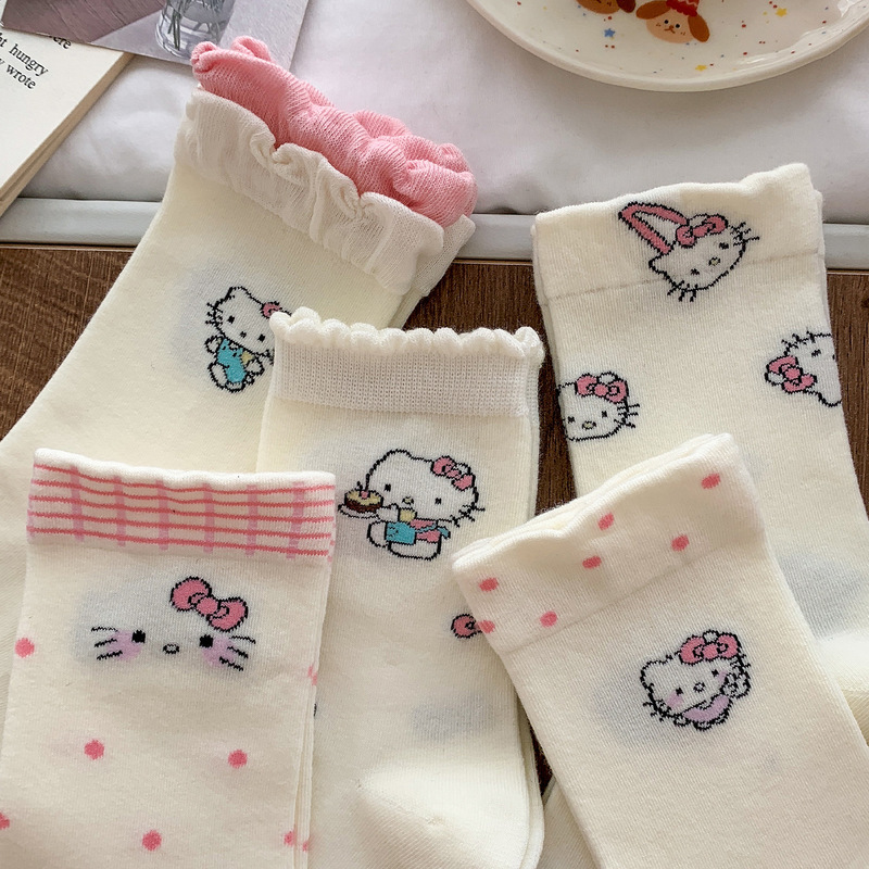Women's Autumn and Winter Pure Cotton Mid-Calf Socks with Cartoon Cat Lace Trim, Antibacterial and Odor-Resistant, Sweet and Versatile Slouch Socks