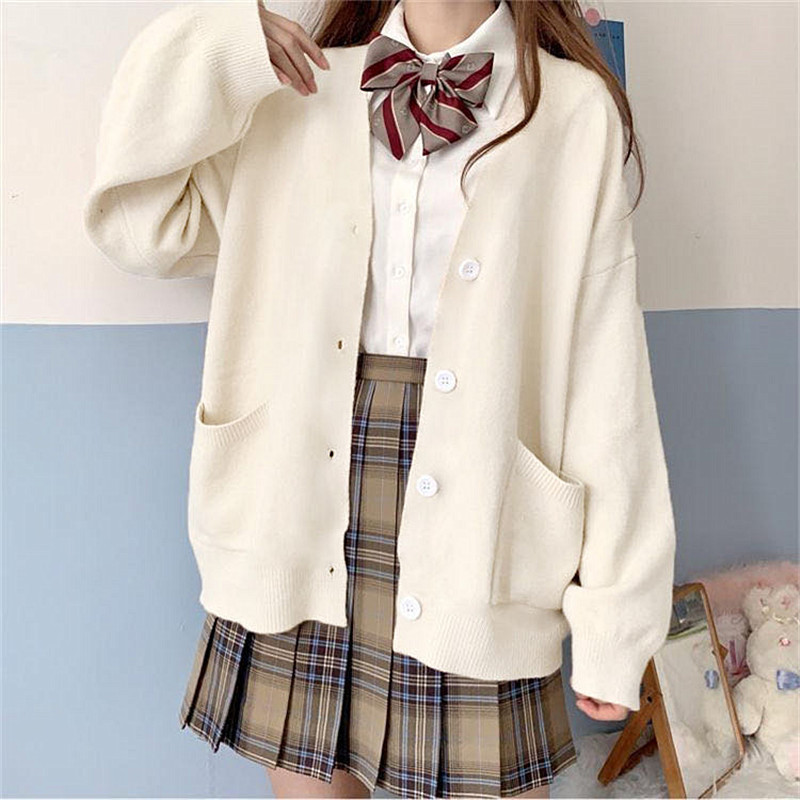 Knitted Cardigan Long-Sleeve Jk Women's Jacket College Style School-Supplied Autumn and Winter Sweater with Pockets Loose Fit