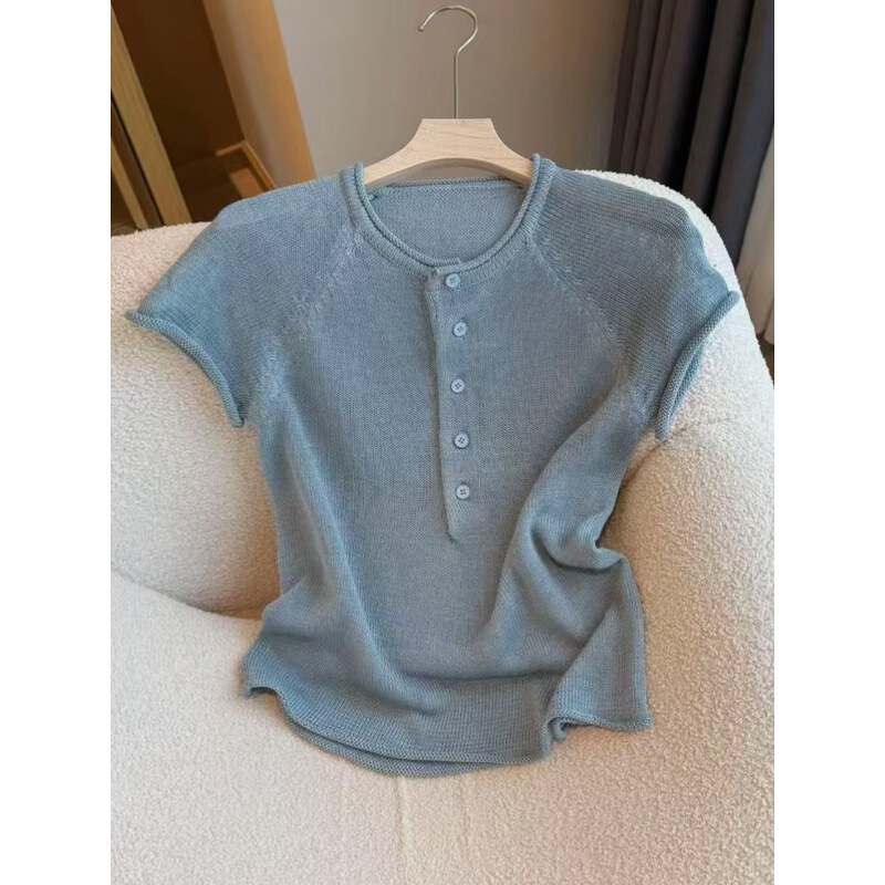 Korean Style Lightweight and Breathable Blue Short-Sleeved Knit Shirt for Women, Summer Lazy Style, Versatile and Age-Reducing T-Shirt Top
