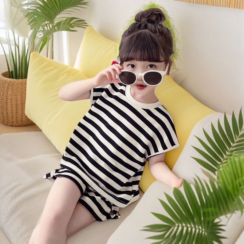 韩版女童夏季套装蝴蝶结女宝宝条纹短袖短裤儿童洋气休闲两件套潮