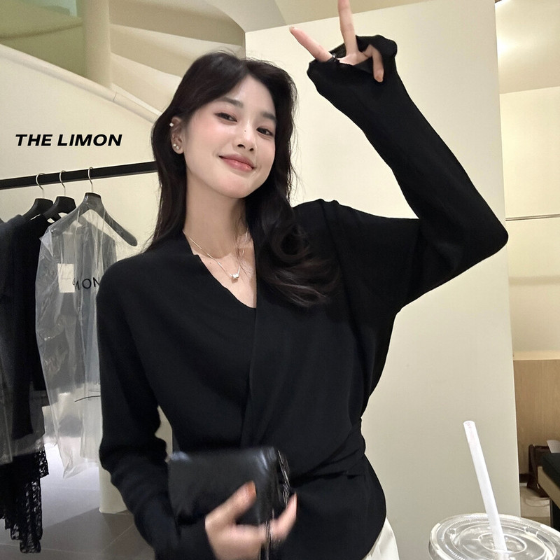 the limon柠檬绿茶设计感绑带V领针织衫女2025秋季温柔气质上衣|undefined