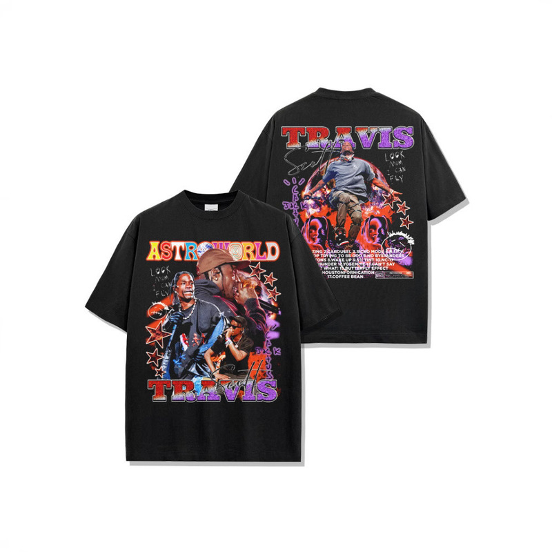 Travis Scott Scott Y2K Hip Hop Rap American T-Shirt Vintage Washed Printed Loose Short Sleeve Male