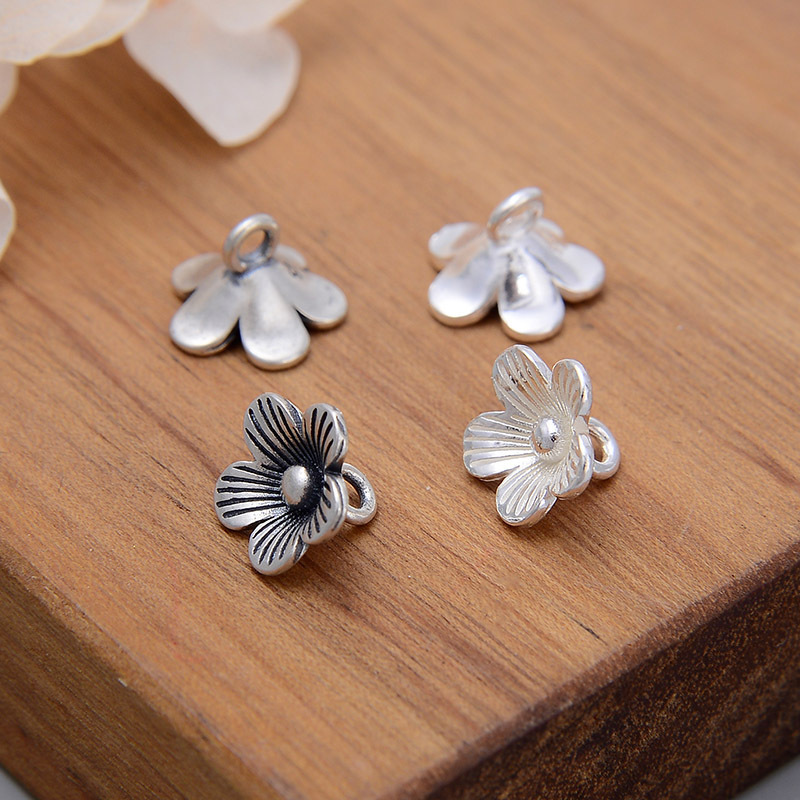 S925 Sterling Silver Five-Petal Flower Pendant Thai Silver Plain Silver Flower Handmade Accessories Retro DIY Bracelet Bracelet Accessories