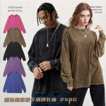 跨境250克复古水洗做旧长袖秋冬款潮牌t恤数码直喷印花来图定制