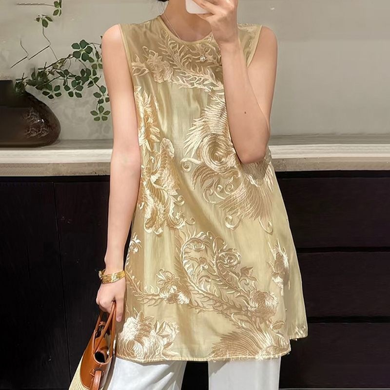 2026 Summer New Chinese Style National Style Vest with Heavy Embroidery on Front and Back, Round Neck, and Beautiful Mid-Length Design