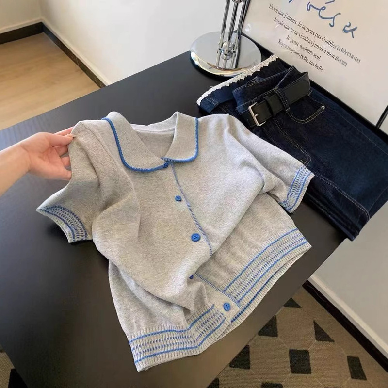 Lace-Trimmed Knitted Short-Sleeved T-Shirt Women's Short Design Sense Straight Shoulder Elegant Top New Ins