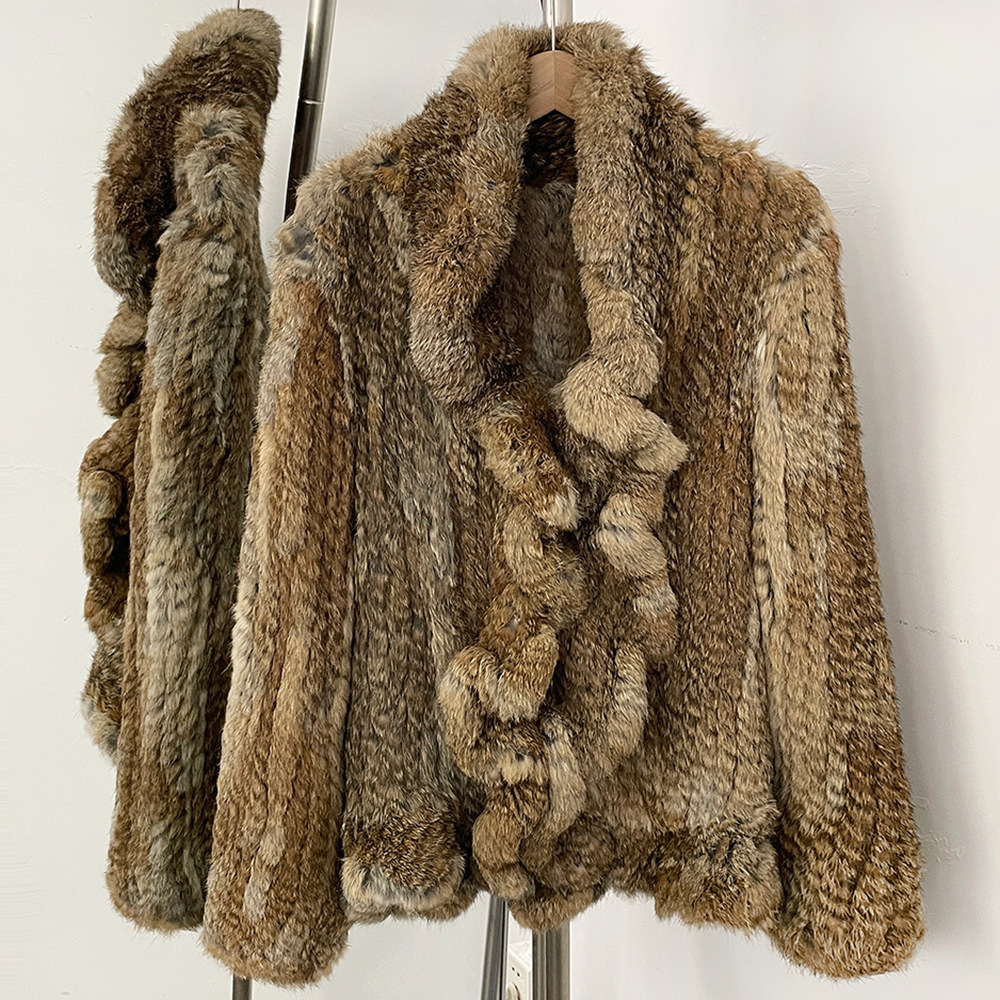 New cross-border autumn/winter style genuine rabbit fur knitted coat, striped cardigan style, high-end luxury genuine fur coat.