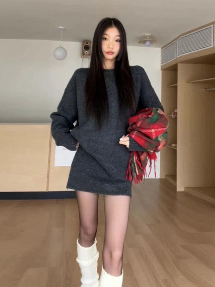 灰色针织套装连衣裙子女2025新款秋韩系氛围穿搭一整套装短裙