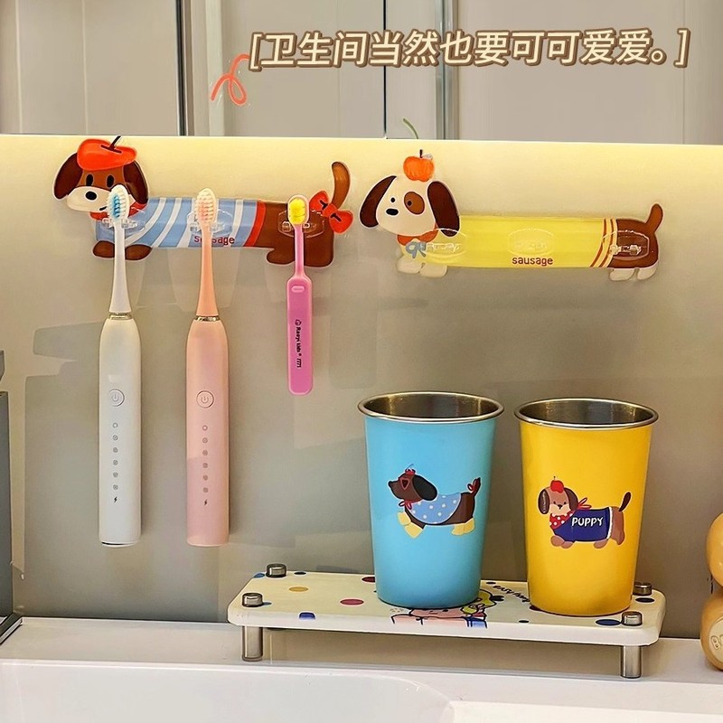 Cartoon Bathroom Mirror Cabinet Toothbrush Rack Wall-Mounted Punch-Free Electric Toothbrush Rack for a Family of Three