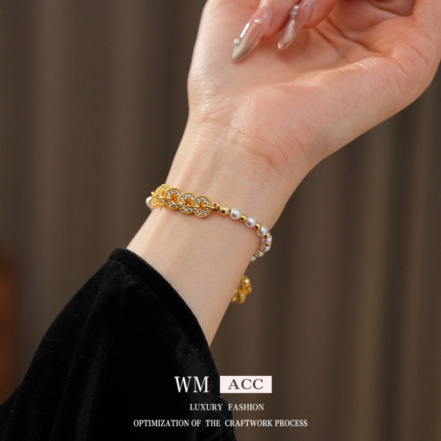 Zircon moneda de cobre, perlas, pulsera con cuentas, nuevo estilo chino, todo fósforo, pulsera retro, lujo ligero, sentido de alta gama, joyería de moda nacional al por mayor