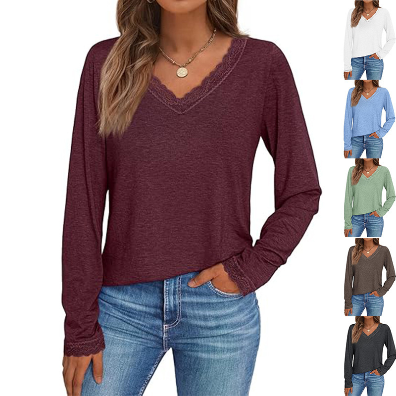 Amazon 2026 European and American Foreign Trade Cross-Border Women's Clothing Hot-Selling Long-Sleeved Lace V-Neck Casual Fashion Autumn and Winter Shirt