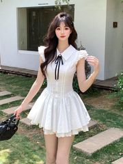 法式甜美少女polo领收腰显连衣裙2025夏季小飞袖公主蓬蓬短裙子