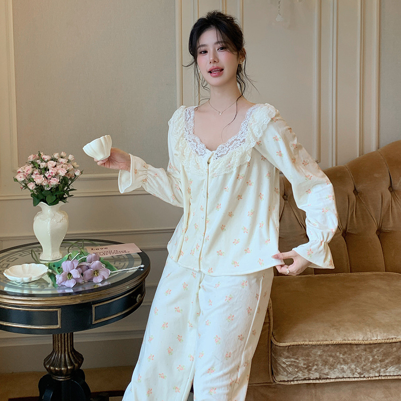 法式睡衣新品冬长袖长裤水貂绒套装甜美可爱印花睡衣家居服可外穿|undefined