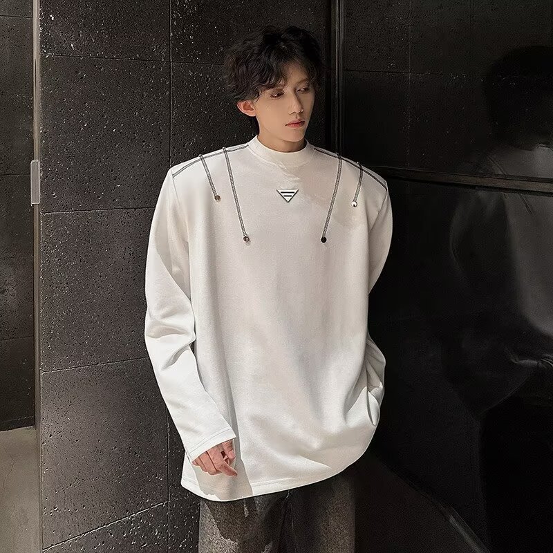 Cleanfit Design Padded Shoulder Long-Sleeve T-Shirt for Men, Round Neck Niche Heavyweight Sweatshirt, Trendy High-End Stylish Top