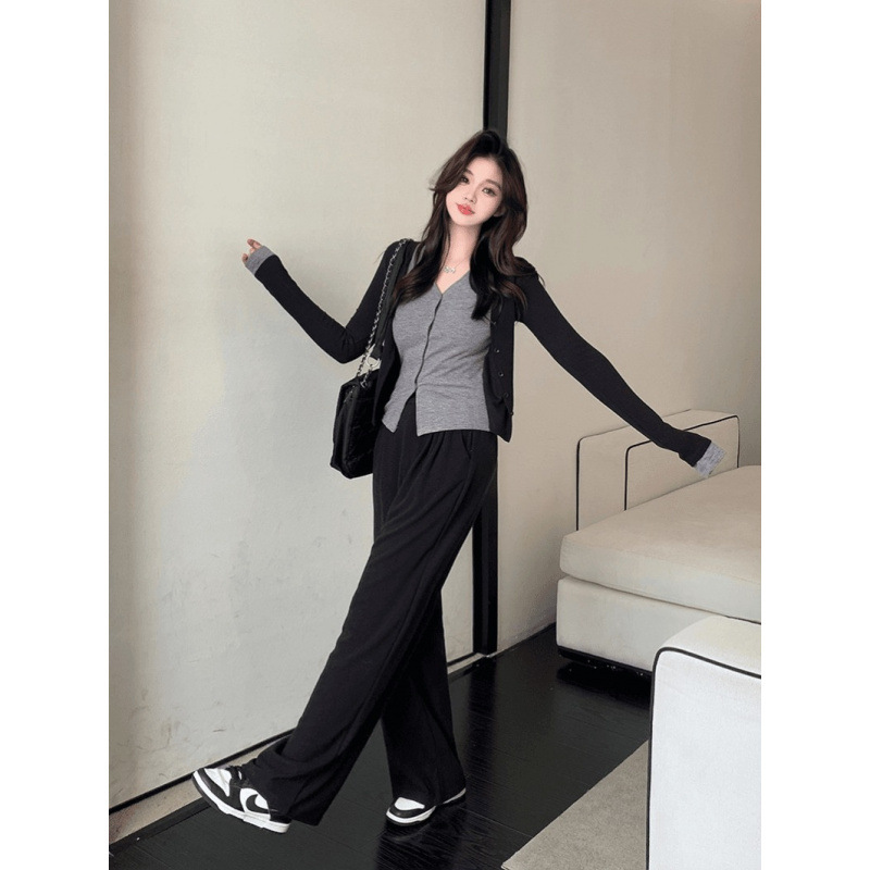 哺乳衣秋季时尚套装新款洋气假两件针织上衣+阔腿休闲裤两件套女|undefined
