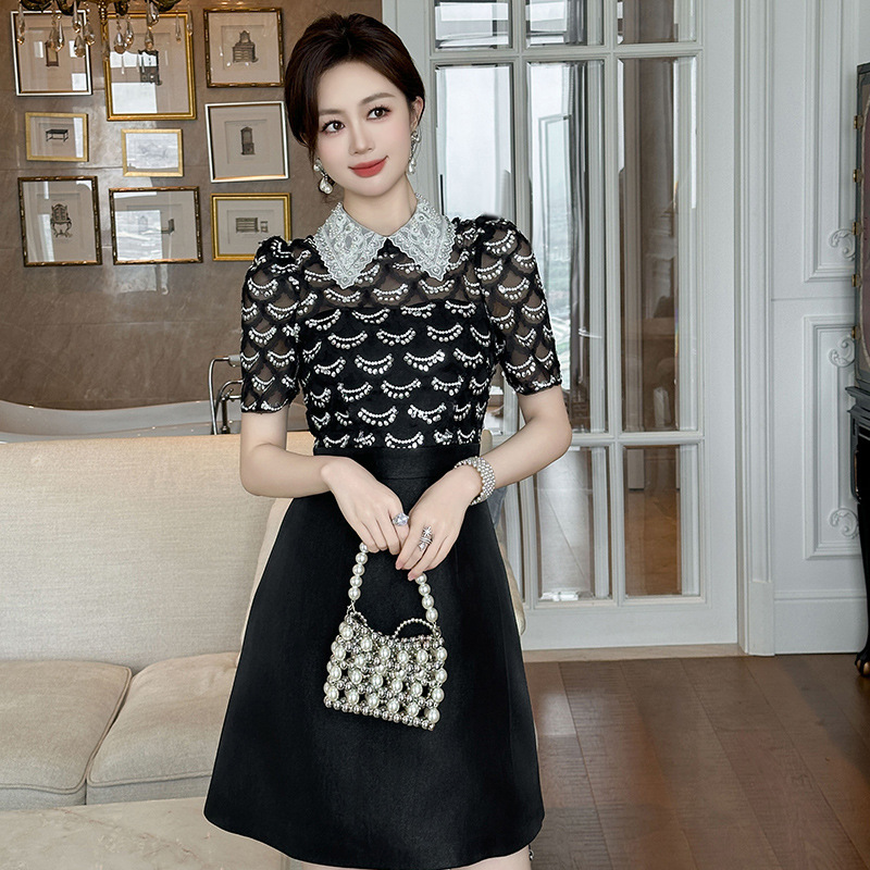 Summer New Style French Doll Collar Contrasting Waist Black Dress Summer Sequin Beaded Style A-Line Skirt 70281