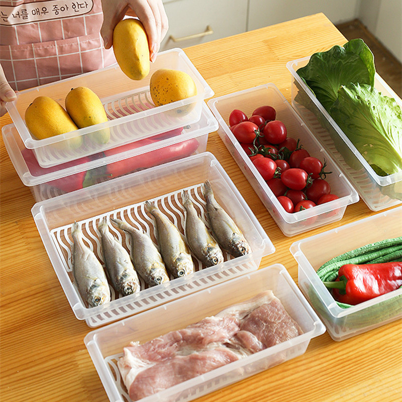 Refrigerador de cocina Refrigerador rectangular caja de drenaje de agua caja de almacenamiento de congelación de alimentos de plástico frutas caja de sellado de peces