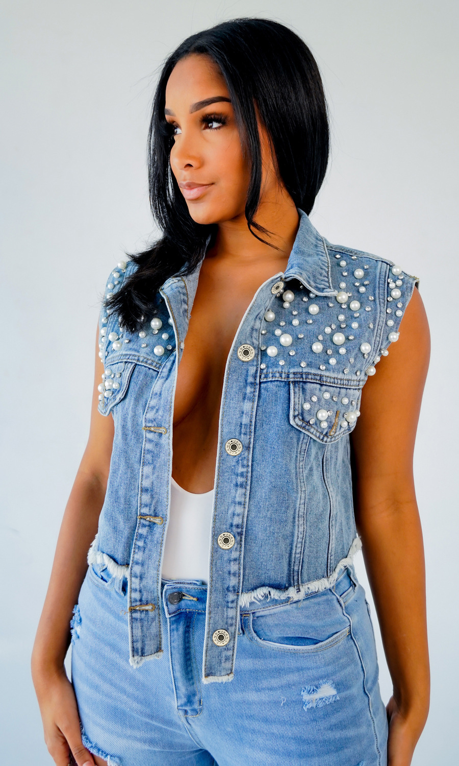 New Arrival Beaded Denim Vest Jacket For Women_voghion.com