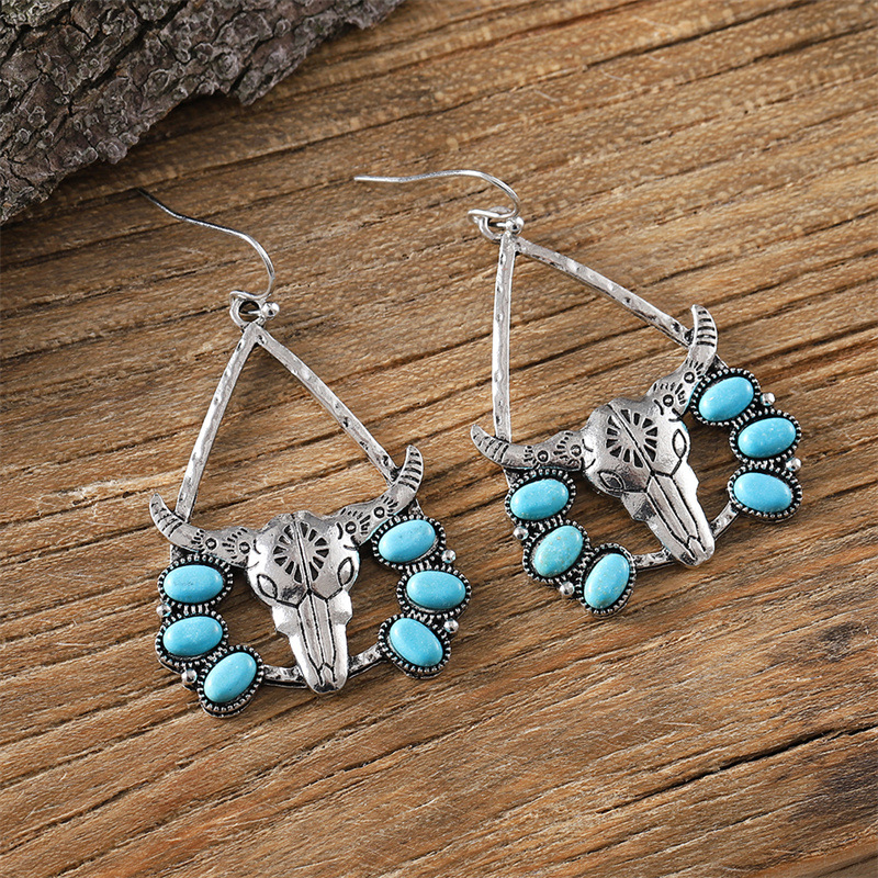 Drop Earrings Classification 1 Pair Quantity 1 Pair Classical Ethnic Style Bull Head Plating Inlay Zinc Alloy Turquoise Drop Earrings