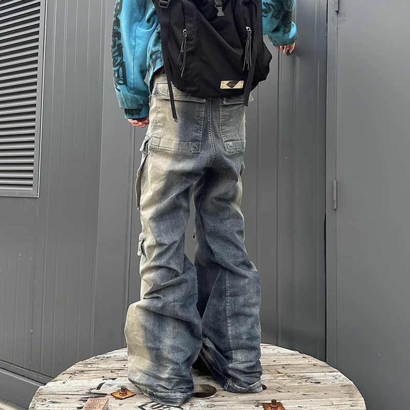 Men's Clothing VINTAGE GARC niche trendy brand RO style wide leg multi pocket flared distressed jeans men's vibe cotton_voghion.com