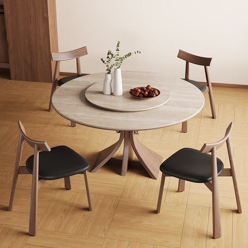 Mesa de comedor de tablero de roca de travertino de madera maciza americana, hogar francés de celebridades de Internet, mesa redonda de tablero de roca de pequeño apartamento de estilo antiguo moderno