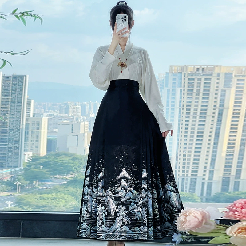 Оригинальная юбка Hualangge в стиле династии Хань в стиле Мин, черная тканая серебряная перламутровая юбка для женщин 18-25 лет, осенний новый продукт династии Хань